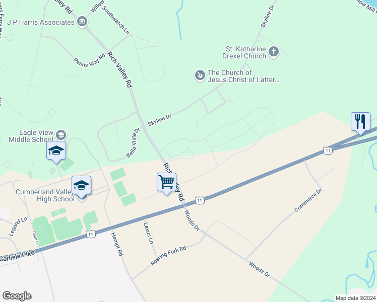 map of restaurants, bars, coffee shops, grocery stores, and more near 3 Simon Court in Mechanicsburg