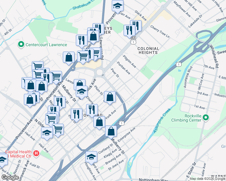 map of restaurants, bars, coffee shops, grocery stores, and more near 650 Strawberry Street in Trenton