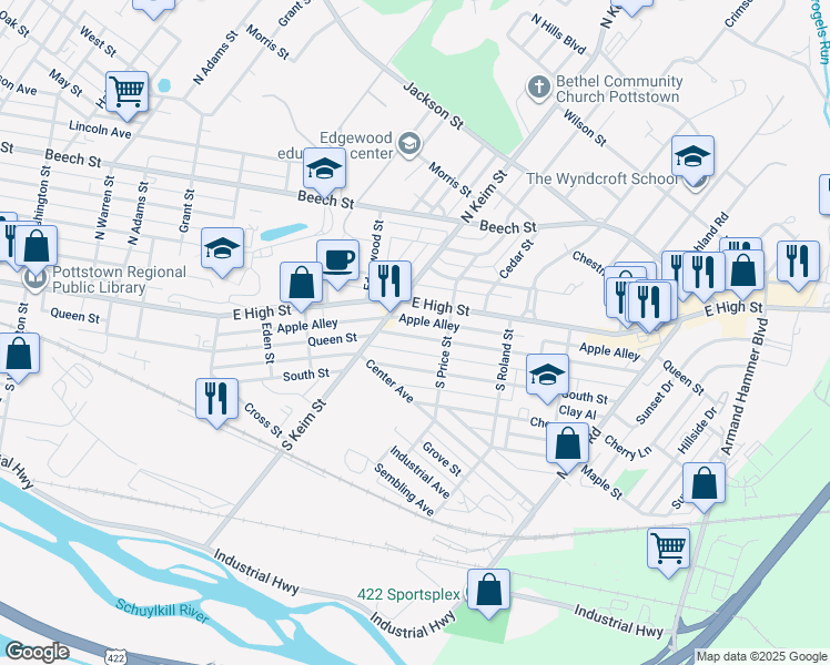 map of restaurants, bars, coffee shops, grocery stores, and more near 1037 Queen Street in Pottstown