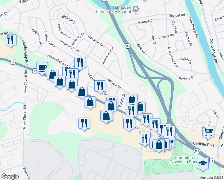 map of restaurants, bars, coffee shops, grocery stores, and more near 6025 Edward Drive in Mechanicsburg
