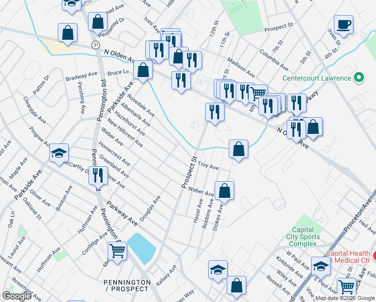 map of restaurants, bars, coffee shops, grocery stores, and more near 1463 Prospect Street in Ewing Township