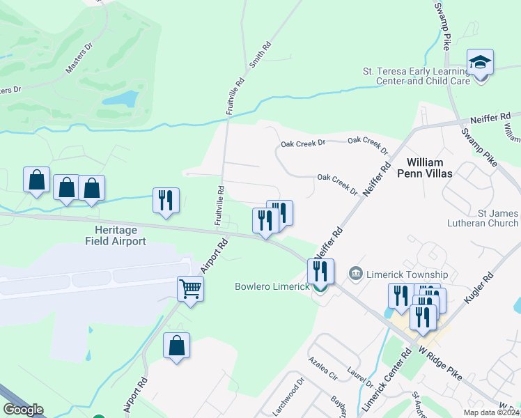 map of restaurants, bars, coffee shops, grocery stores, and more near 10 Montella Circle in Pottstown