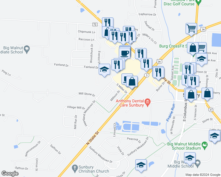 map of restaurants, bars, coffee shops, grocery stores, and more near 188 Waring Drive in Sunbury