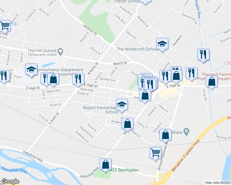 map of restaurants, bars, coffee shops, grocery stores, and more near 1200 East High Street in Pottstown
