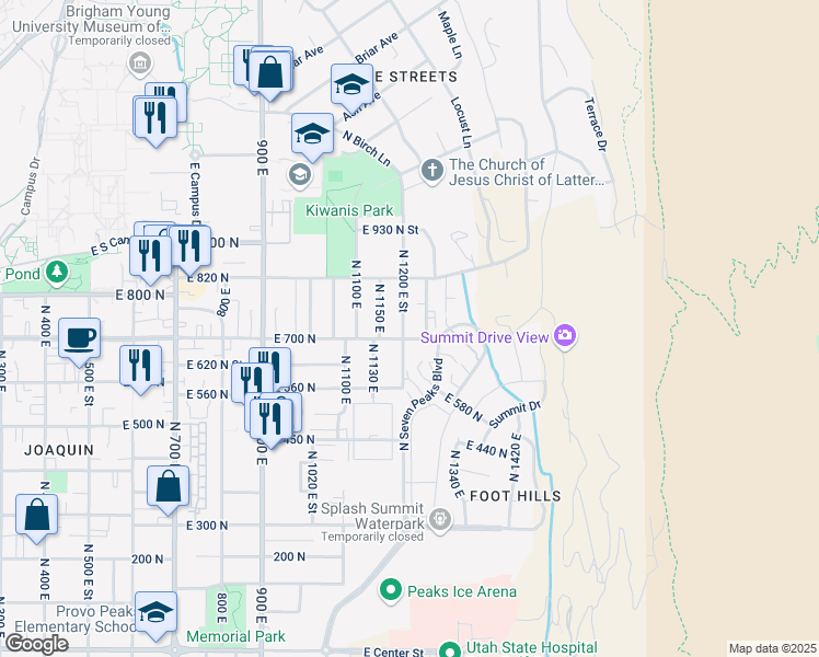 map of restaurants, bars, coffee shops, grocery stores, and more near 732 North 1200 East Street in Provo
