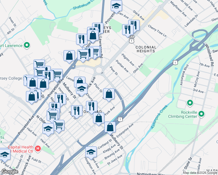map of restaurants, bars, coffee shops, grocery stores, and more near 1237 Indiana Avenue in Trenton
