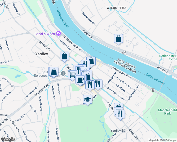 map of restaurants, bars, coffee shops, grocery stores, and more near 34 East Afton Avenue in Yardley