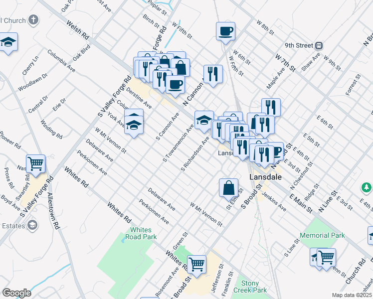 map of restaurants, bars, coffee shops, grocery stores, and more near 523 Columbia Avenue in Lansdale