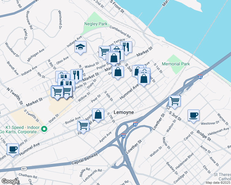 map of restaurants, bars, coffee shops, grocery stores, and more near 533 Bosler Avenue in Lemoyne