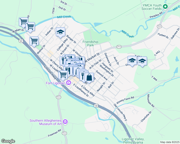 map of restaurants, bars, coffee shops, grocery stores, and more near 211 Summit Avenue in Ligonier