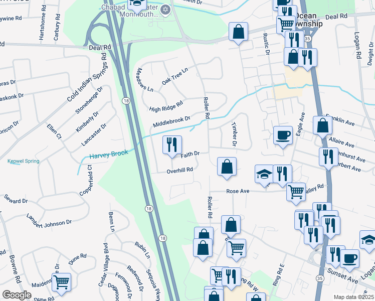 map of restaurants, bars, coffee shops, grocery stores, and more near 8 Faith Drive in Monmouth County