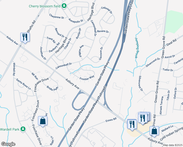 map of restaurants, bars, coffee shops, grocery stores, and more near 72 Frontier Way in Tinton Falls