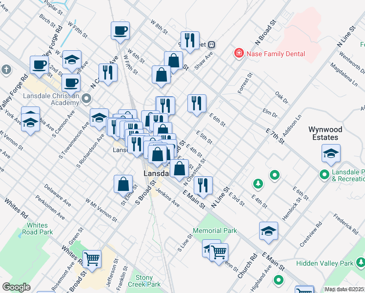 map of restaurants, bars, coffee shops, grocery stores, and more near 300 North Broad Street in Lansdale