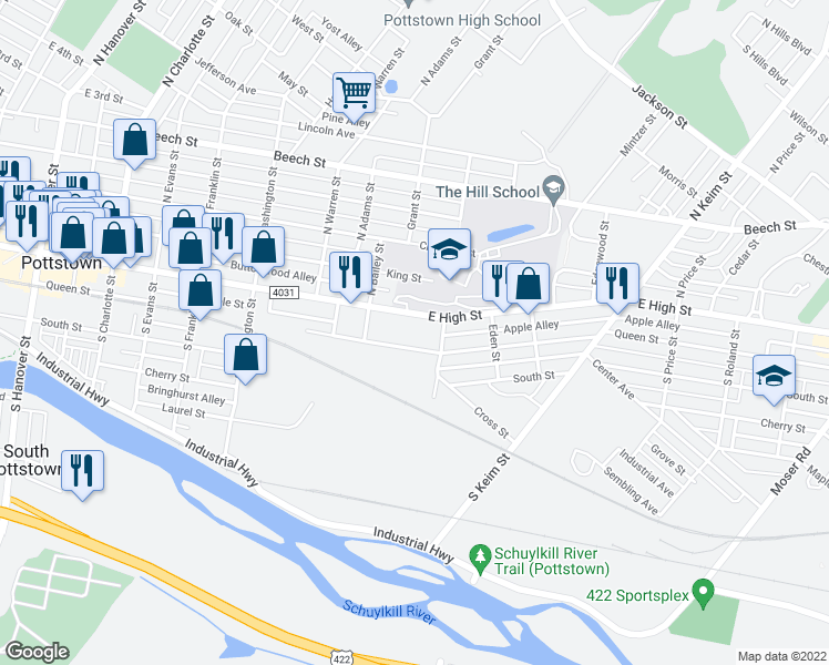 map of restaurants, bars, coffee shops, grocery stores, and more near 740 East High Street in Pottstown