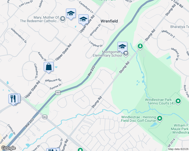 map of restaurants, bars, coffee shops, grocery stores, and more near 205 Steeplechase Drive in North Wales