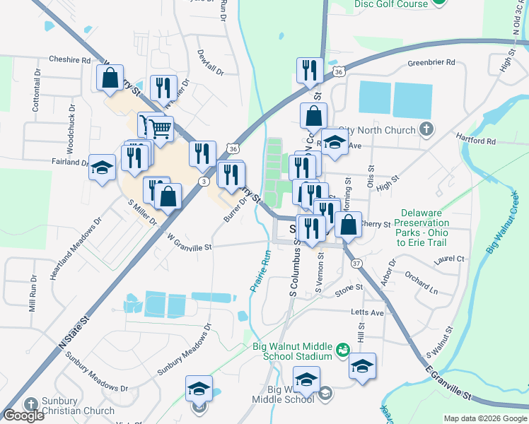 map of restaurants, bars, coffee shops, grocery stores, and more near 79 1/2 West Cherry Street in Sunbury