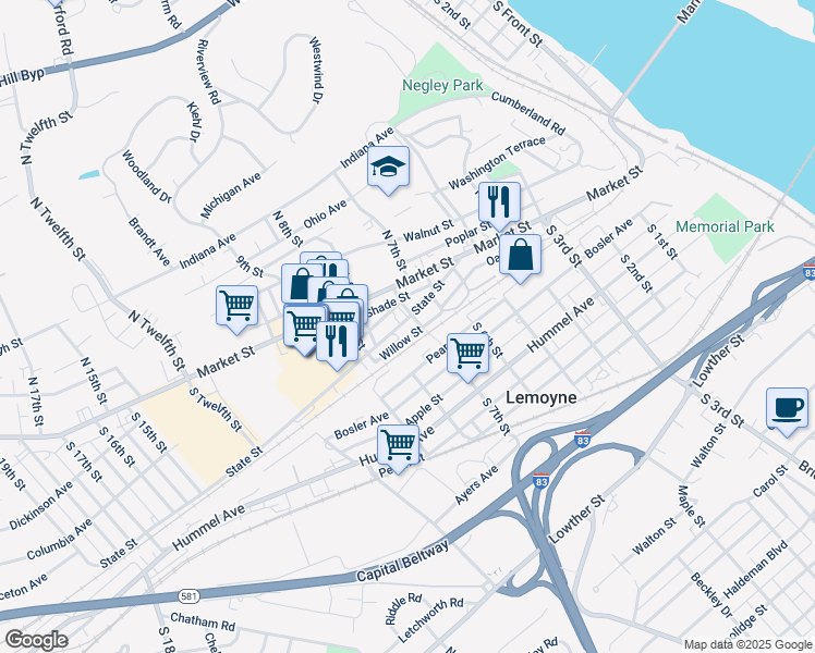 map of restaurants, bars, coffee shops, grocery stores, and more near 150 North 12th Street in Lemoyne