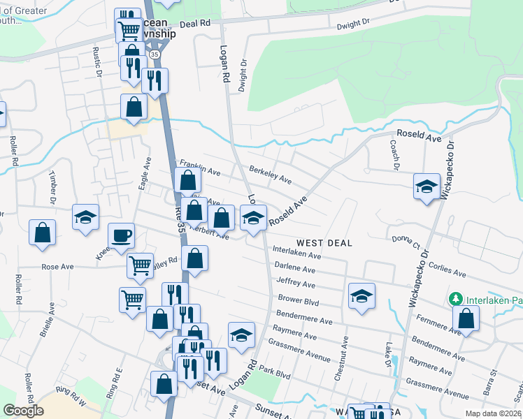 map of restaurants, bars, coffee shops, grocery stores, and more near 2308 Logan Road in Ocean Township