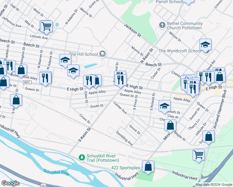 map of restaurants, bars, coffee shops, grocery stores, and more near Queen Street in Pottstown
