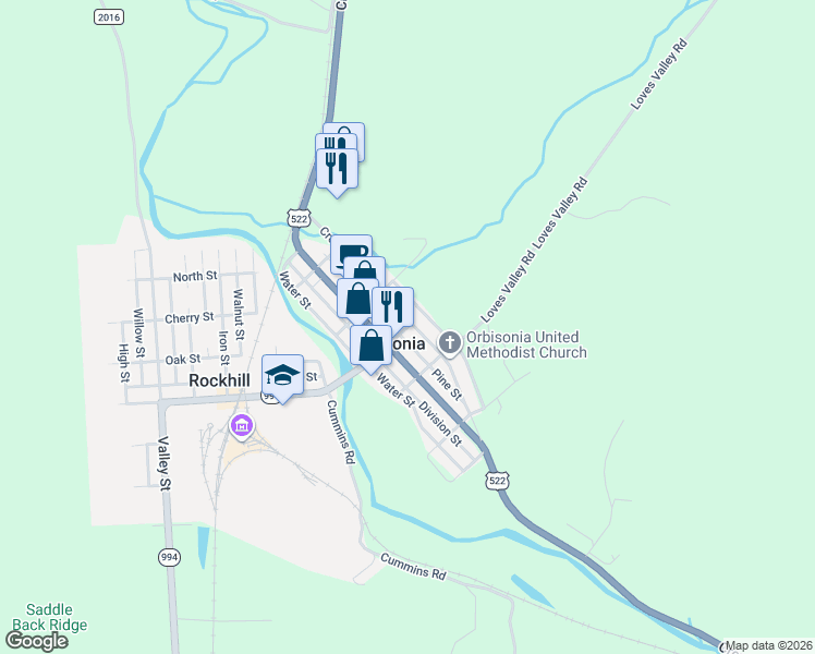 map of restaurants, bars, coffee shops, grocery stores, and more near 29 Elliot Street in Orbisonia