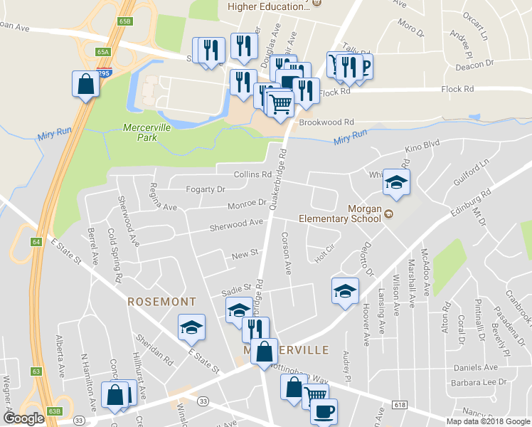 map of restaurants, bars, coffee shops, grocery stores, and more near 2930 Quakerbridge Road in Trenton