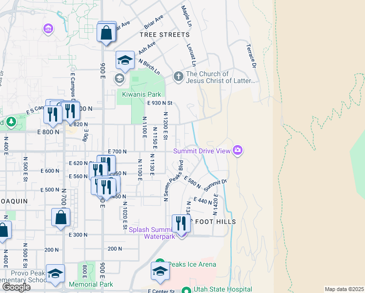 map of restaurants, bars, coffee shops, grocery stores, and more near 725 Hillsdale Lane in Provo