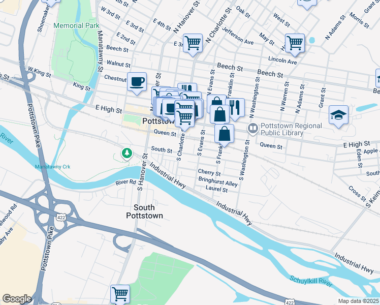 map of restaurants, bars, coffee shops, grocery stores, and more near 323 South Street in Pottstown