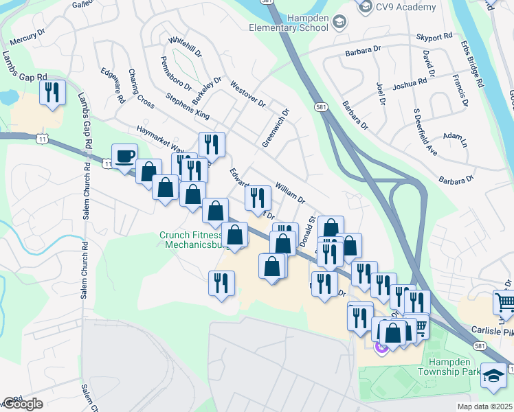 map of restaurants, bars, coffee shops, grocery stores, and more near 6015 Robert Dr in Mechanicsburg