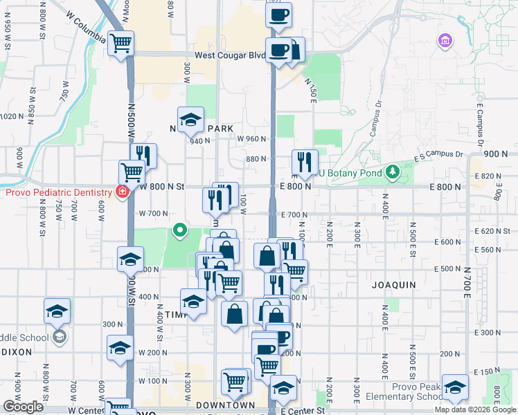 map of restaurants, bars, coffee shops, grocery stores, and more near 36 700 North in Provo