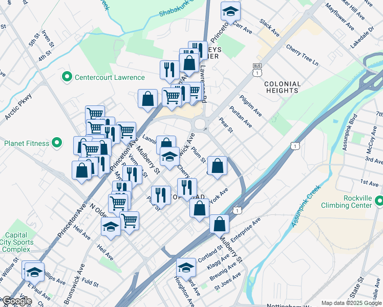 map of restaurants, bars, coffee shops, grocery stores, and more near 839 Plum St in Trenton