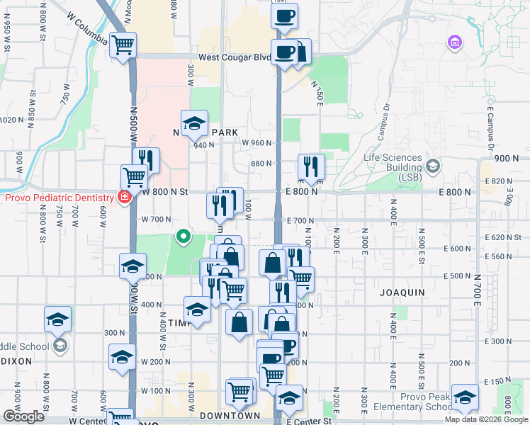 map of restaurants, bars, coffee shops, grocery stores, and more near 36 700 North in Provo