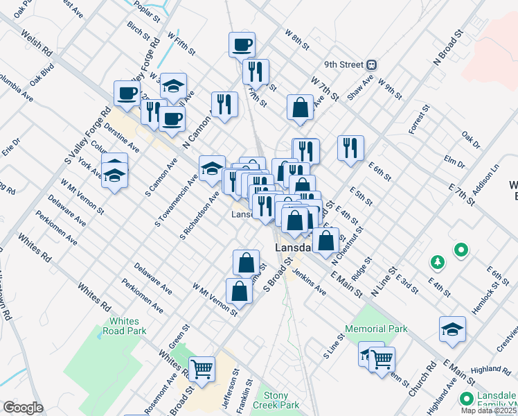 map of restaurants, bars, coffee shops, grocery stores, and more near in Lansdale