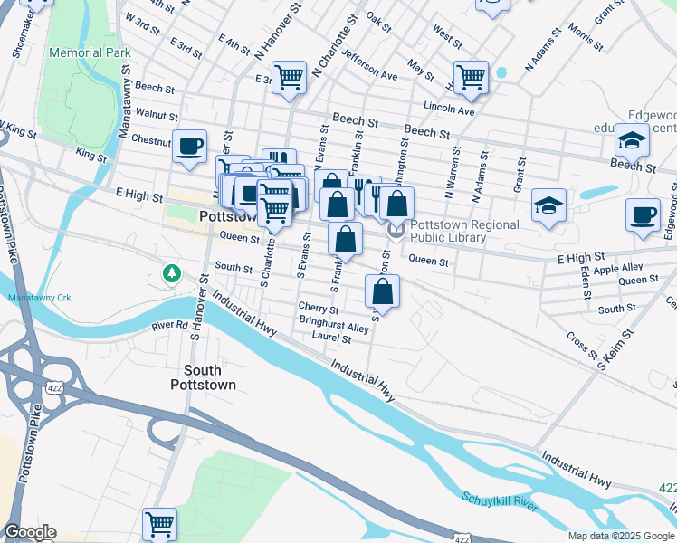 map of restaurants, bars, coffee shops, grocery stores, and more near 100 South Franklin Street in Pottstown