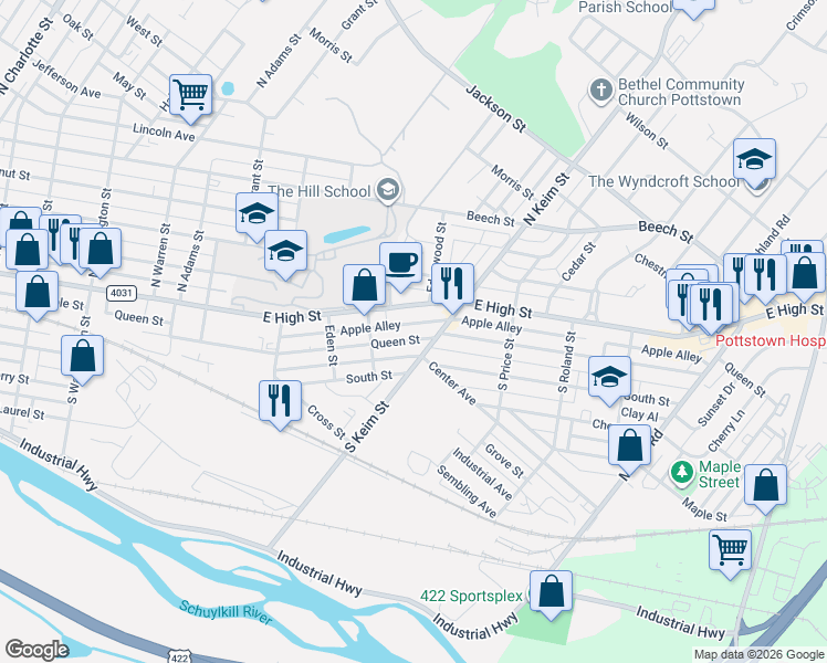 map of restaurants, bars, coffee shops, grocery stores, and more near 935 Apple Alley in Pottstown