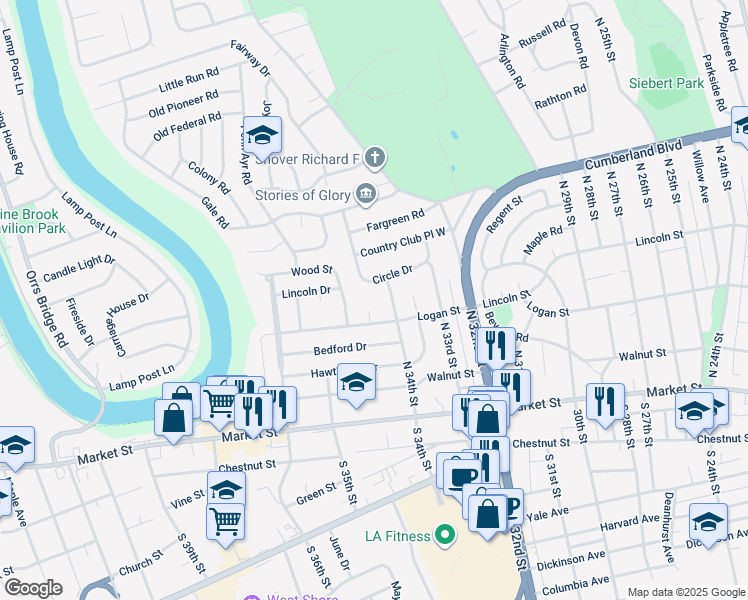 map of restaurants, bars, coffee shops, grocery stores, and more near 204 Hollywood Circle in Camp Hill