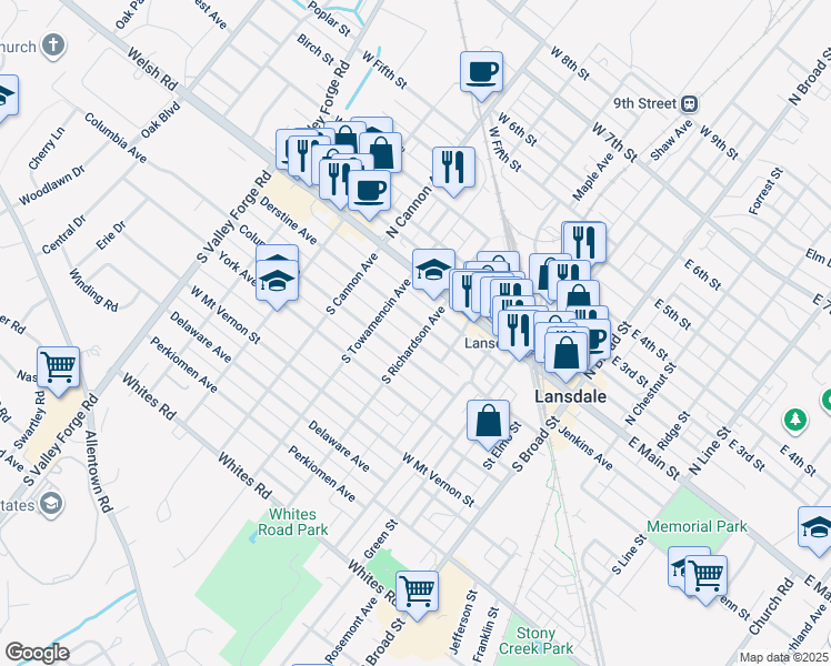map of restaurants, bars, coffee shops, grocery stores, and more near 502 Derstine Avenue in Lansdale