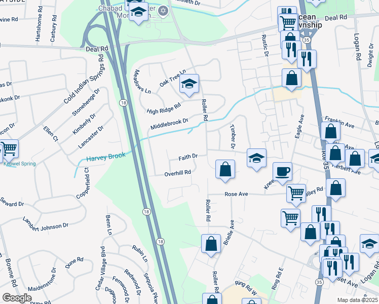map of restaurants, bars, coffee shops, grocery stores, and more near 8 Faith Drive in Ocean Township