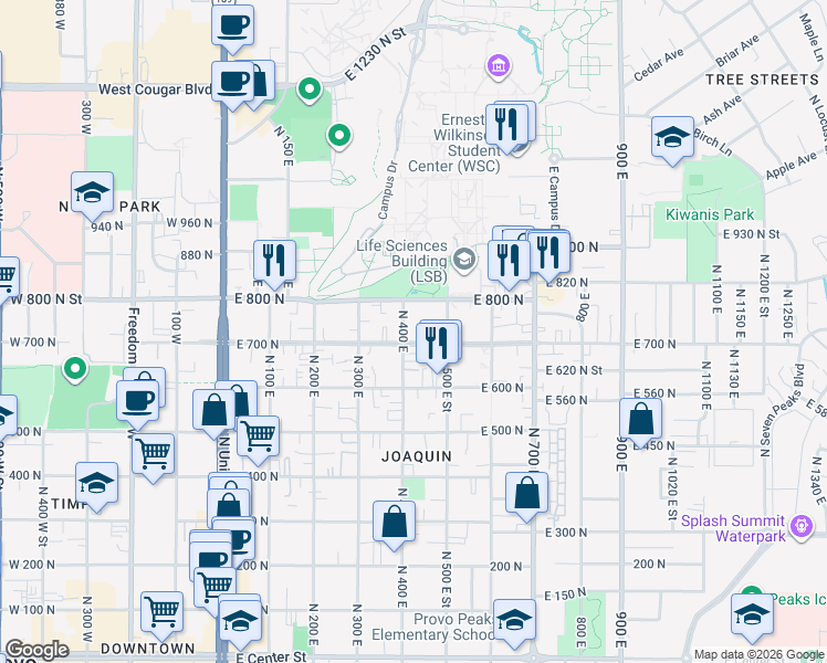map of restaurants, bars, coffee shops, grocery stores, and more near 450 East 700 North in Provo