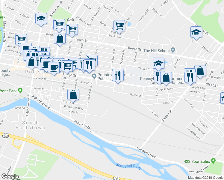 map of restaurants, bars, coffee shops, grocery stores, and more near 61 South Adams Street in Pottstown