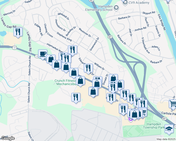 map of restaurants, bars, coffee shops, grocery stores, and more near 6015 Robert Dr in Mechanicsburg