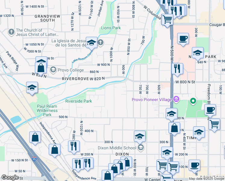 map of restaurants, bars, coffee shops, grocery stores, and more near 707 970 West in Provo