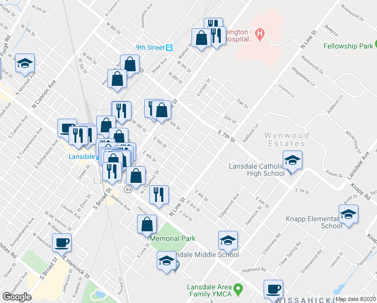 map of restaurants, bars, coffee shops, grocery stores, and more near 522 Ridge Street in Lansdale