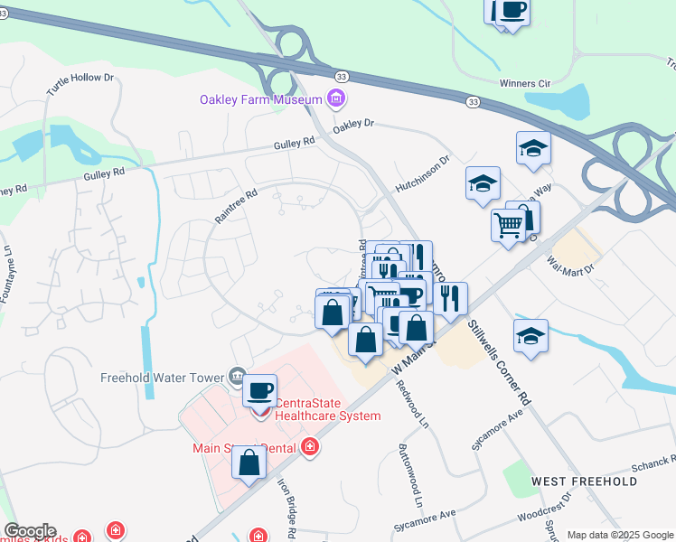 map of restaurants, bars, coffee shops, grocery stores, and more near 38 Woodmere Court in Freehold