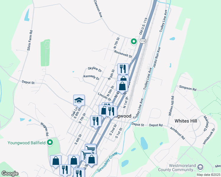 map of restaurants, bars, coffee shops, grocery stores, and more near 219 North 5th Street in Youngwood