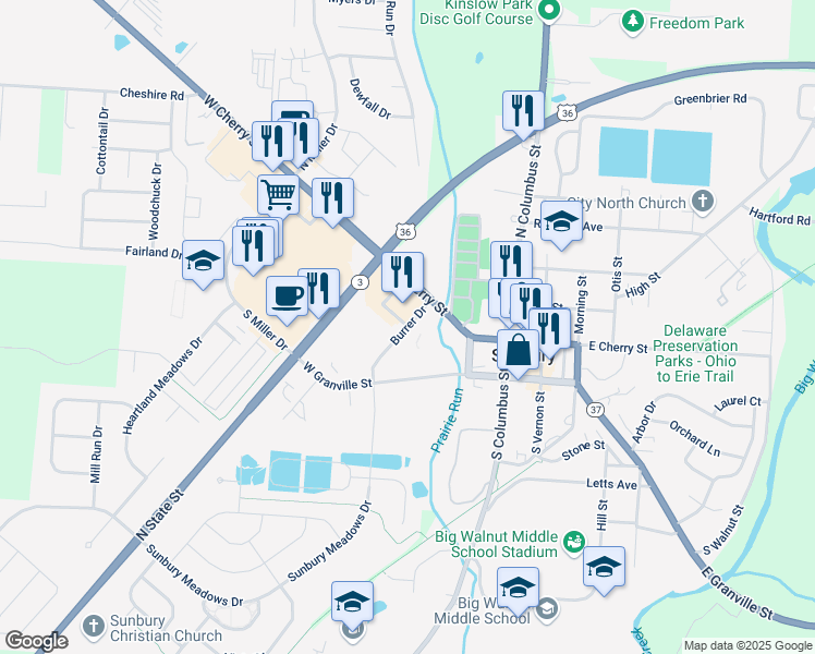 map of restaurants, bars, coffee shops, grocery stores, and more near 68 Burrer Drive in Sunbury