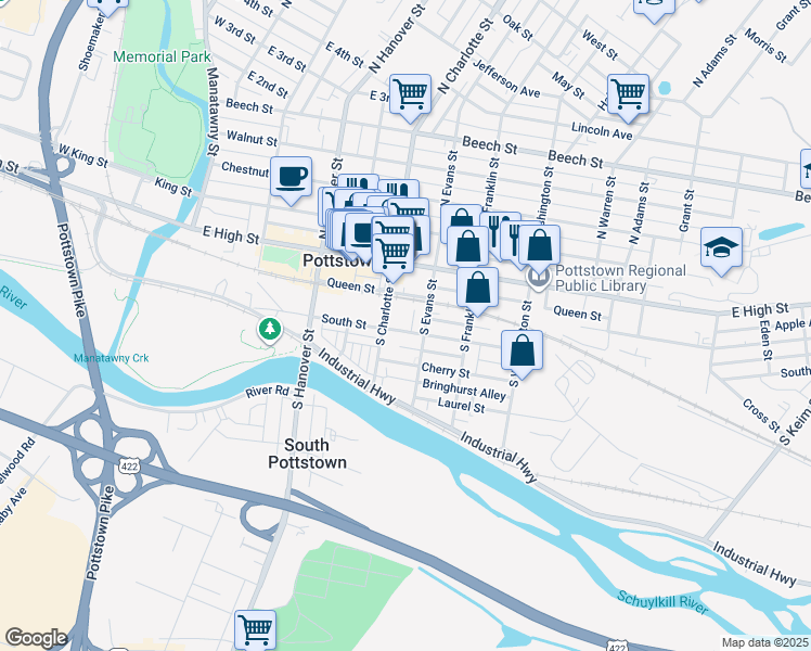 map of restaurants, bars, coffee shops, grocery stores, and more near 323 South Street in Pottstown