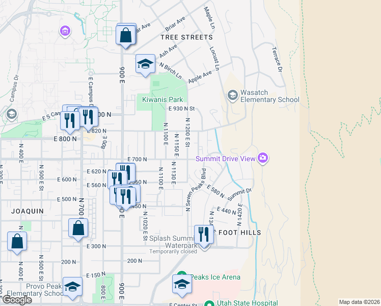 map of restaurants, bars, coffee shops, grocery stores, and more near 732 North 1200 East Street in Provo