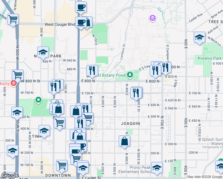 map of restaurants, bars, coffee shops, grocery stores, and more near 267 East 700 North in Provo