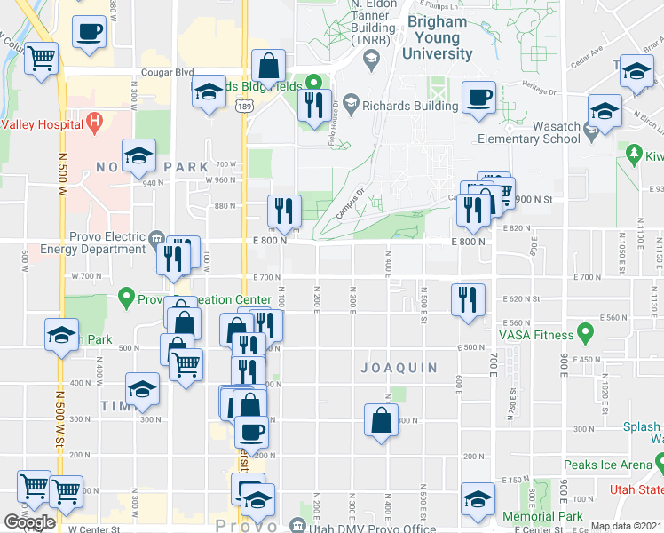 map of restaurants, bars, coffee shops, grocery stores, and more near 731 North 300 East in Provo