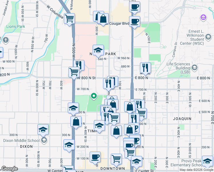 map of restaurants, bars, coffee shops, grocery stores, and more near 669 North Freedom Boulevard in Provo